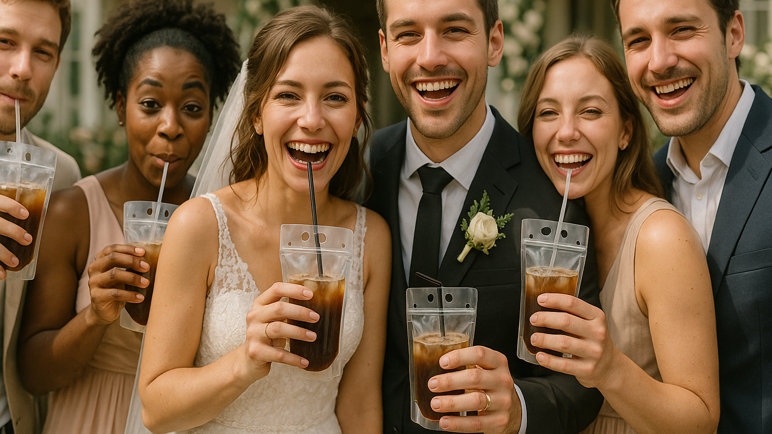 genera una Imagen 16:9 con un ambiente de boda, en el centro se ven a los Novios felices con mas amigos, todos toman de una bolsa de plastico transparente tipo pouch con popote cafe frio, realista
