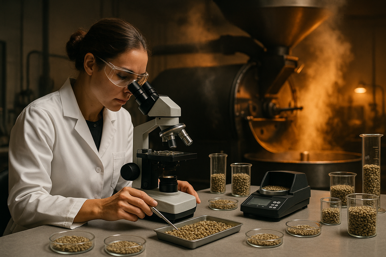 genera una imagen hiperrealista que represente este texto:
Para hacerlo posible, contamos con un equipo químico especializado que analiza cada lote de café verde antes de que entre al tostador. 👩🏻🔬 Después, los granos pasan por nuestro tostador gigante, capaz de procesar hasta 180 kilos por hora. 💪🏻
